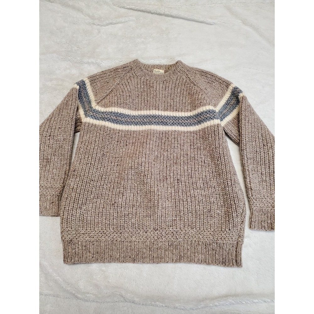 Vintage Irish Cottage Brown Striped Knit Wool Sweater Medium Heritage Fisherman
